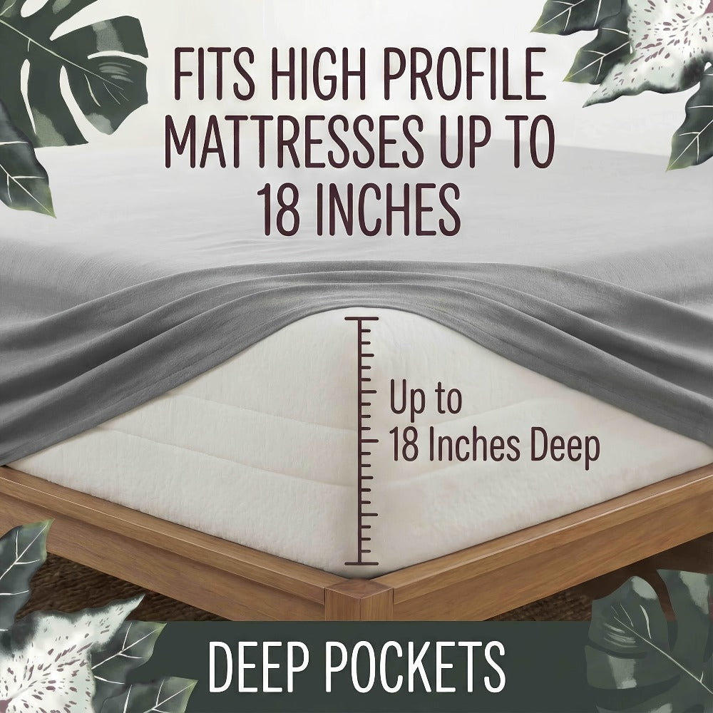 Bed Sheet Set 4-Piece Bamboo Fiber with Deep-Pocket Fitted Sheet, Four Sizes and Twelve Color Options