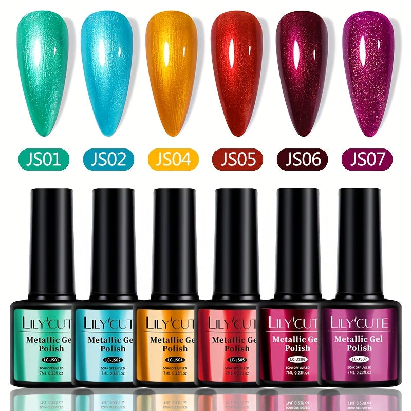 Glitter Gel Nail Polish Set 6pcs Metallic Sparkle – Liquid Glitter Soak-Off Gel in Red & Purple, LED Curable High-Shine Nail Art Kit 0.24oz