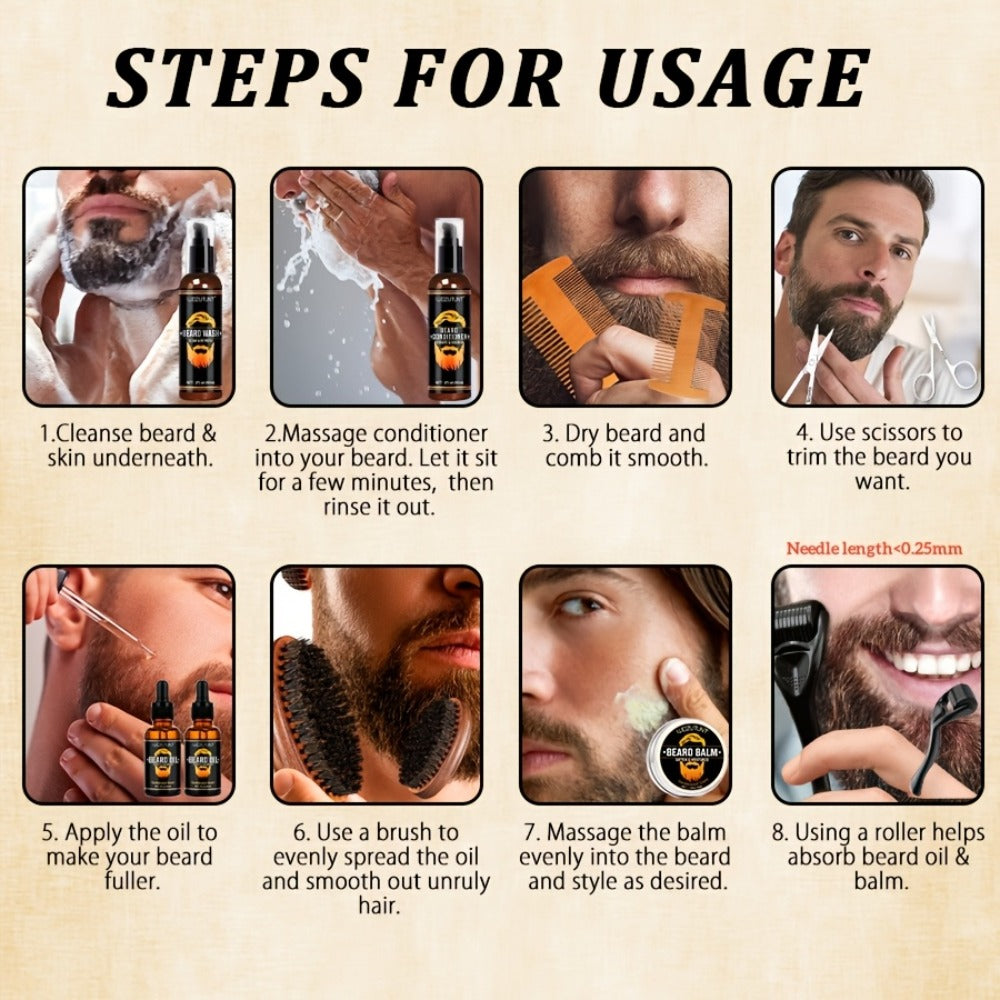 Beard Oil & Balm Grooming Kit for Men – 9-Piece Complete Beard Care Set with Conditioner Wash Brush Comb Clippers Travel Pouch