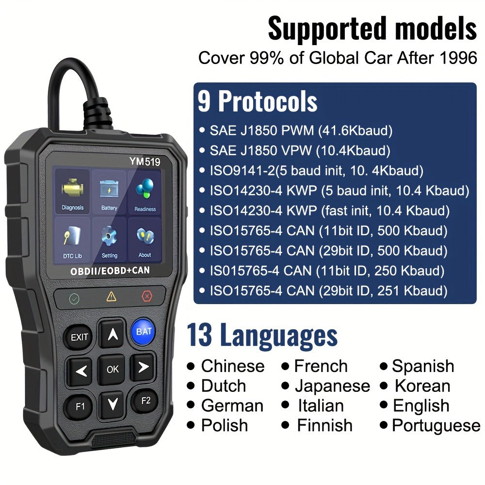 YM519 OBD2 Scanner with Color Screen, 13-Language Label, Battery Voltage and Live Data Icons
