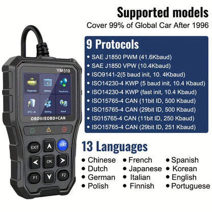 YM519 OBD2 Scanner with Color Screen, 13-Language Label, Battery Voltage and Live Data Icons