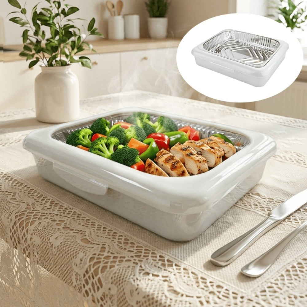 Aluminum Foil Insulated Food Tray Set 2-in-1 Reusable Stand with 2 Disposable Foil Trays for Grilling, Camping and Outdoor Meals