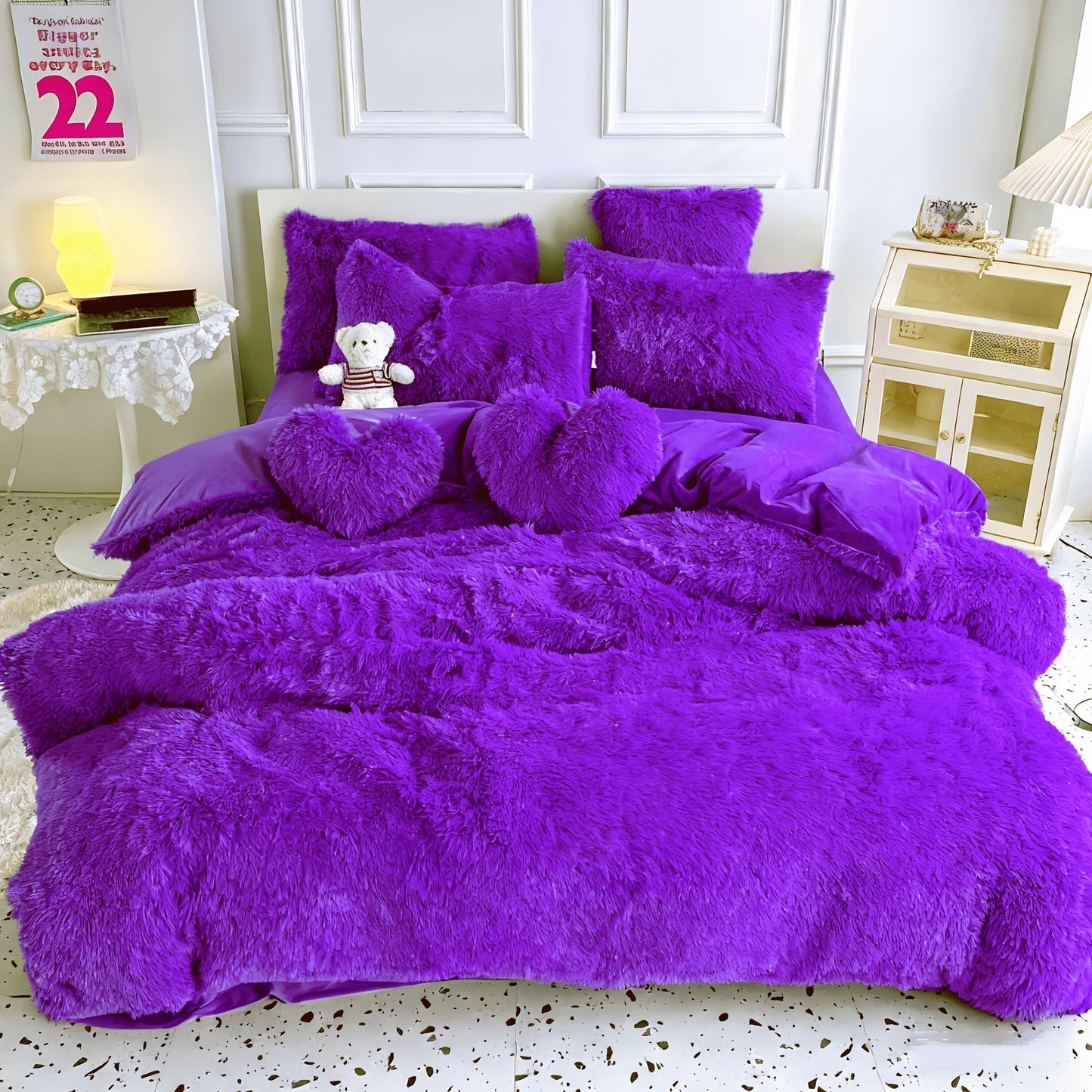Velvet Duvet Cover Set Fluffy Plush Bedding Minimalist Solid Color, Carved Velvet Quilt Cover with Pillow Shams