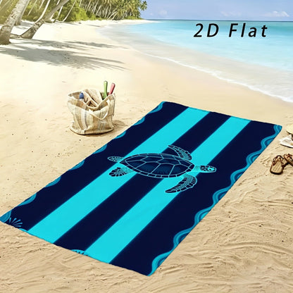 Sea Turtle Beach Towel, Blue Striped Nautical Print, Microfiber, Stylized Wave Pattern, Ideal for Beach Trips