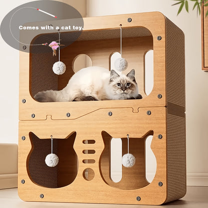 Cat Scratcher House Cardboard Cat Bed with Feather Wand Toy – Indoor Outdoor Cat Hideout for Scratching, Hiding & Resting
