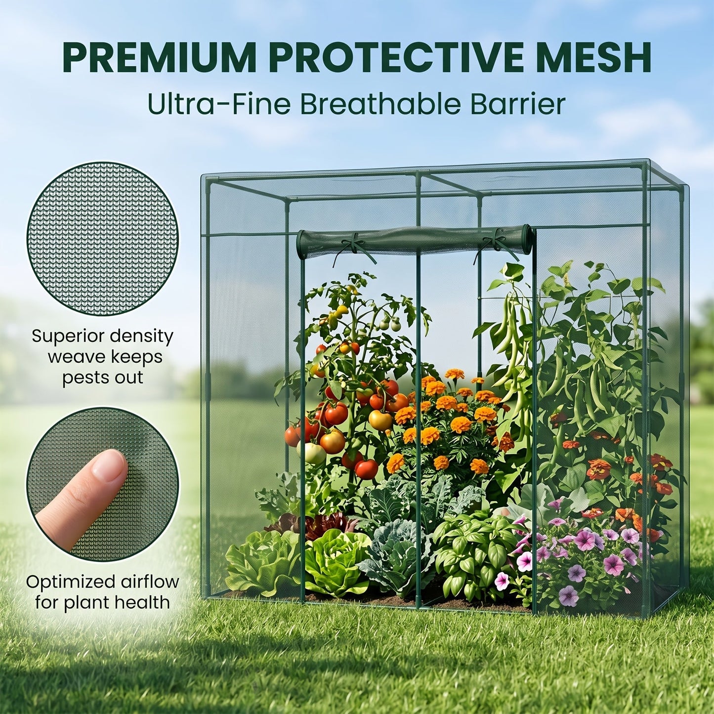 Plant Protection Tent Crop Cage with Zippered Door & Square Frame, Raised Garden Bed Cover Wind-Resistant for Outdoor Vegetables