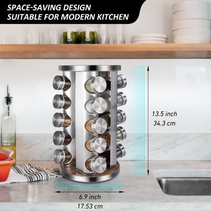 Rotating Spice Rack with 20 Glass Jars 360-Degree Revolving Stainless Steel Spice Tower for Home Cooking, Dining and Outdoor Meals