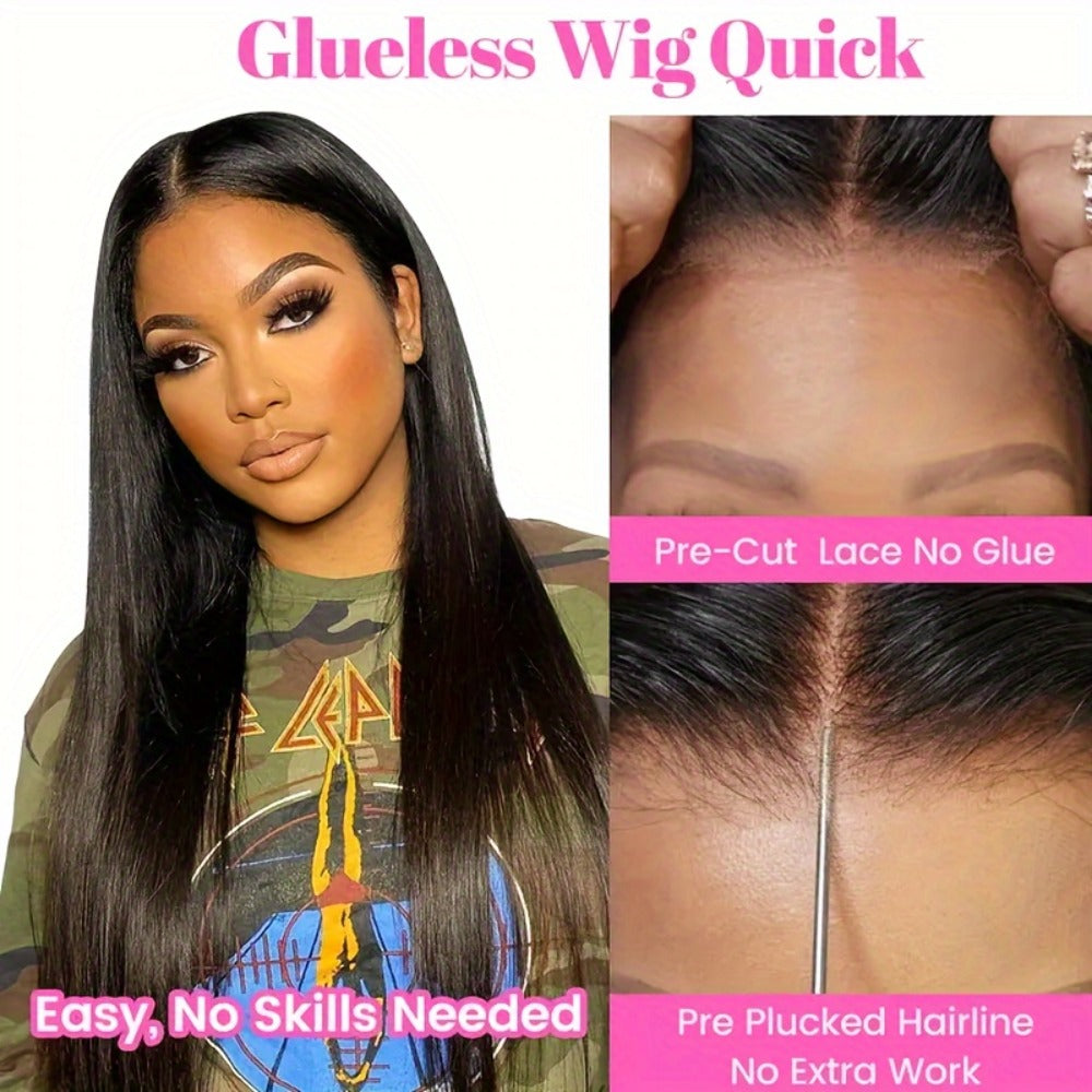 Put On and Go Wig 6x4.5 HD Lace Human Hair Straight 250% Density Glueless Pre-Plucked Pre-Cut Pre-Bleached Knots Long Straight Wig for Women