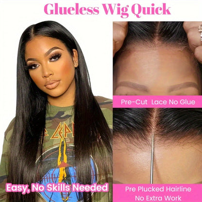 Put On and Go Wig 6x4.5 HD Lace Human Hair Straight 250% Density Glueless Pre-Plucked Pre-Cut Pre-Bleached Knots Long Straight Wig for Women