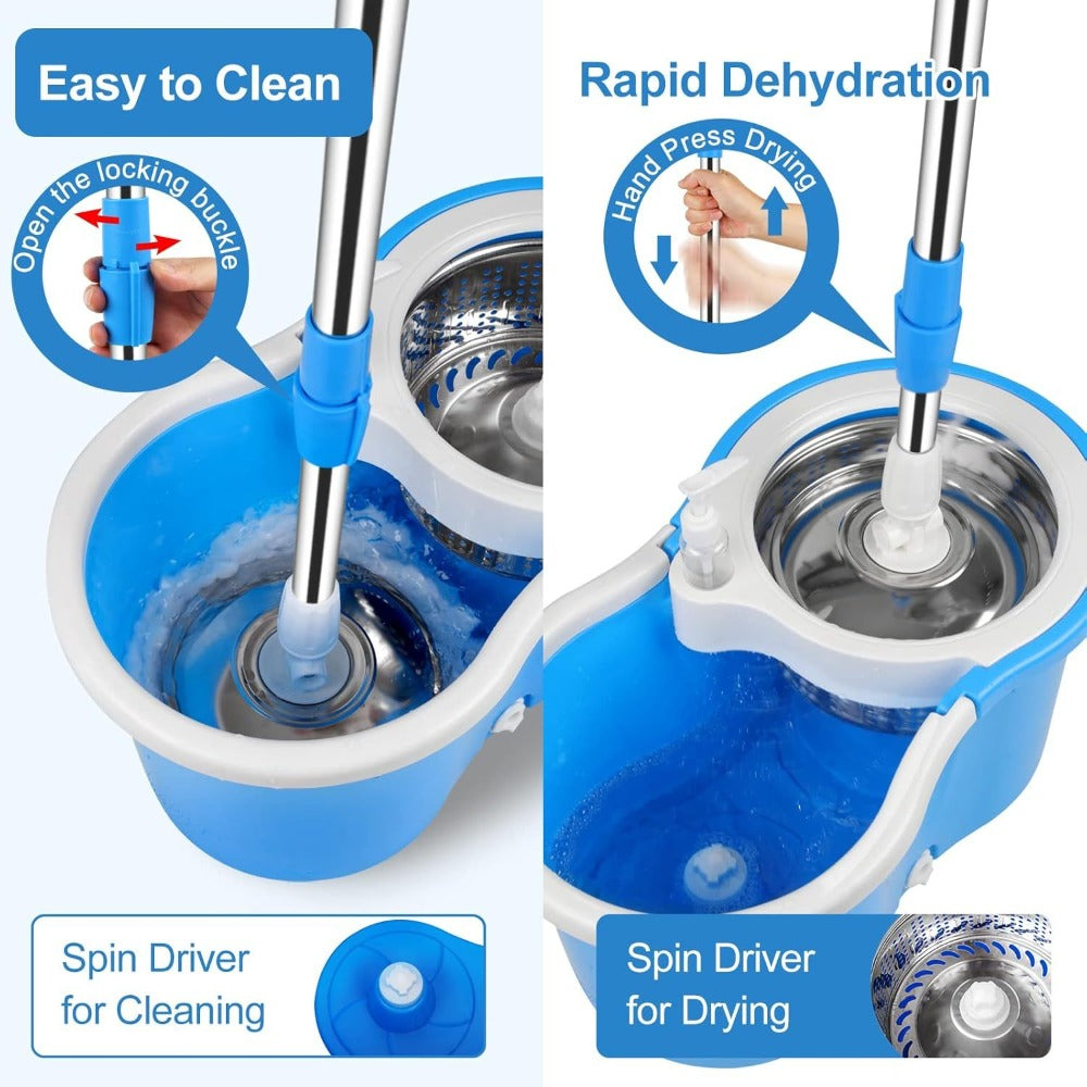 360 Spin Mop and Bucket Set with Wringer – Stainless Steel Extended Handle Spinning Mop Bucket System with Microfiber Mop Refills