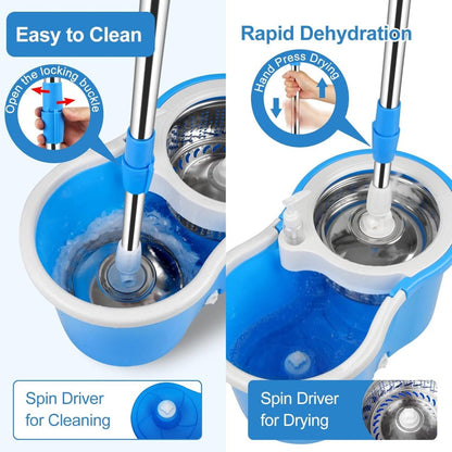 360 Spin Mop and Bucket Set with Wringer – Stainless Steel Extended Handle Spinning Mop Bucket System with Microfiber Mop Refills