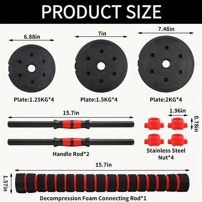 44-Pound Adjustable Dumbbell and Barbell Set with Black Round Plates, Connecting Rod and Double Lock Nuts