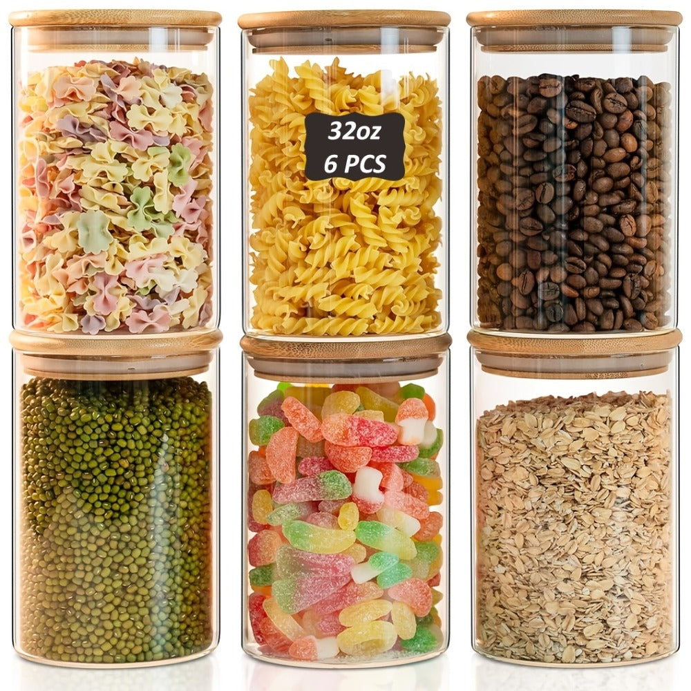 Food Storage Containers Six-Piece 32 oz Glass Jar Set with Bamboo Lids, Labels and Pen for Pantry Storage