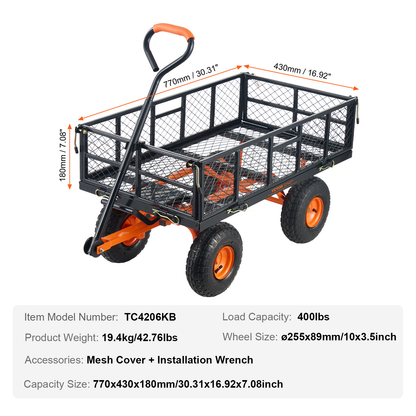 Garden Dump Cart Convertible Flatbed Utility Wheelbarrow with 2-in-1 Handle, Removable Side Panels
