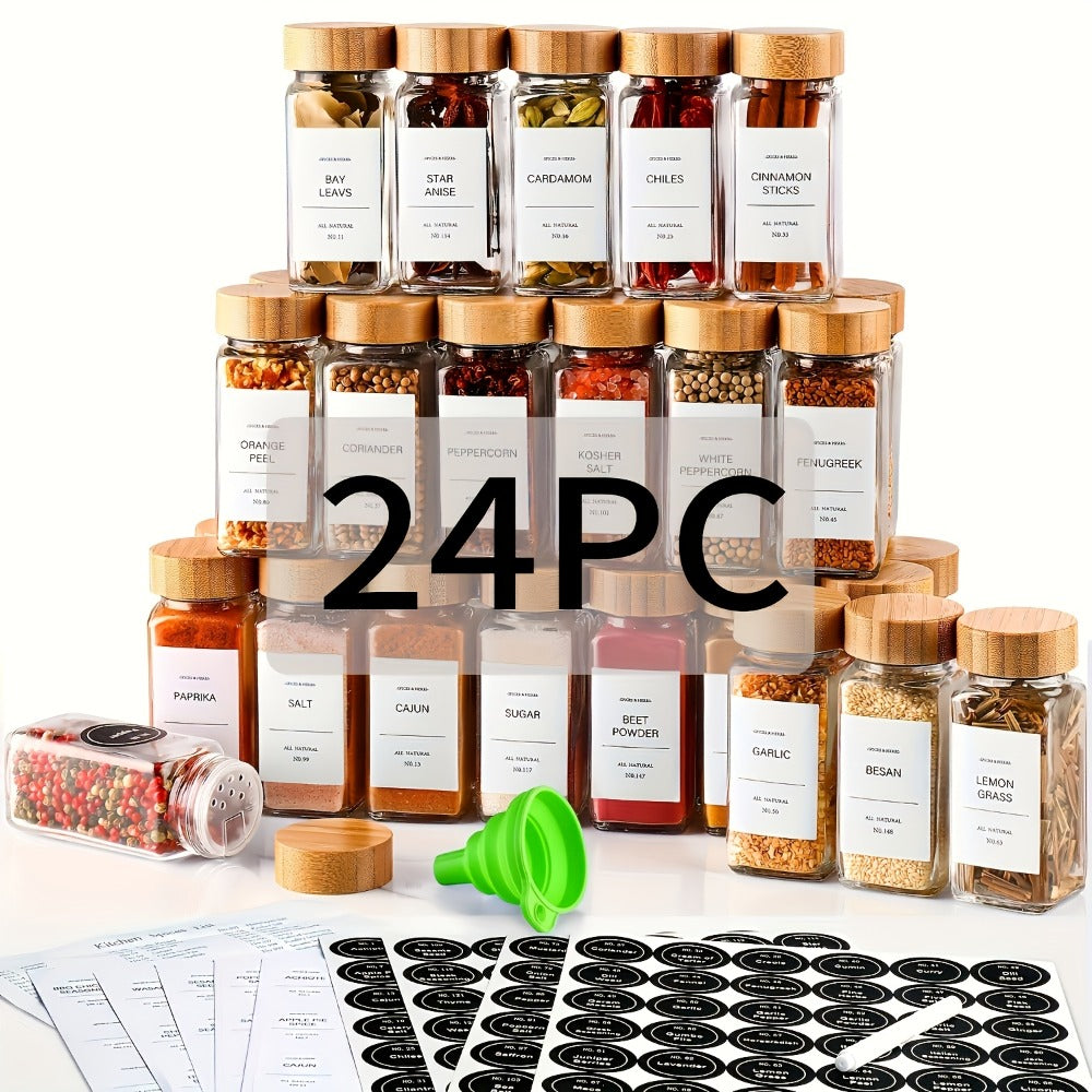 Glass Spice Jars 4oz with Bamboo Lids Labels and Collapsible Funnels Seasoning Storage for Home Cooking, Dining and Outdoor Meals