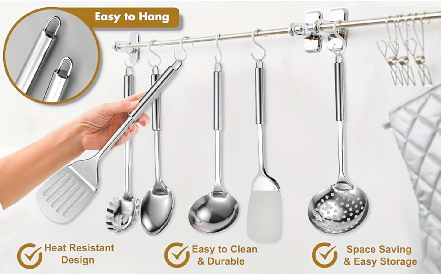 Kitchen Utensils Nine-Piece 304 Stainless Steel Set with Hanging Loops and Mixed Cooking Tools