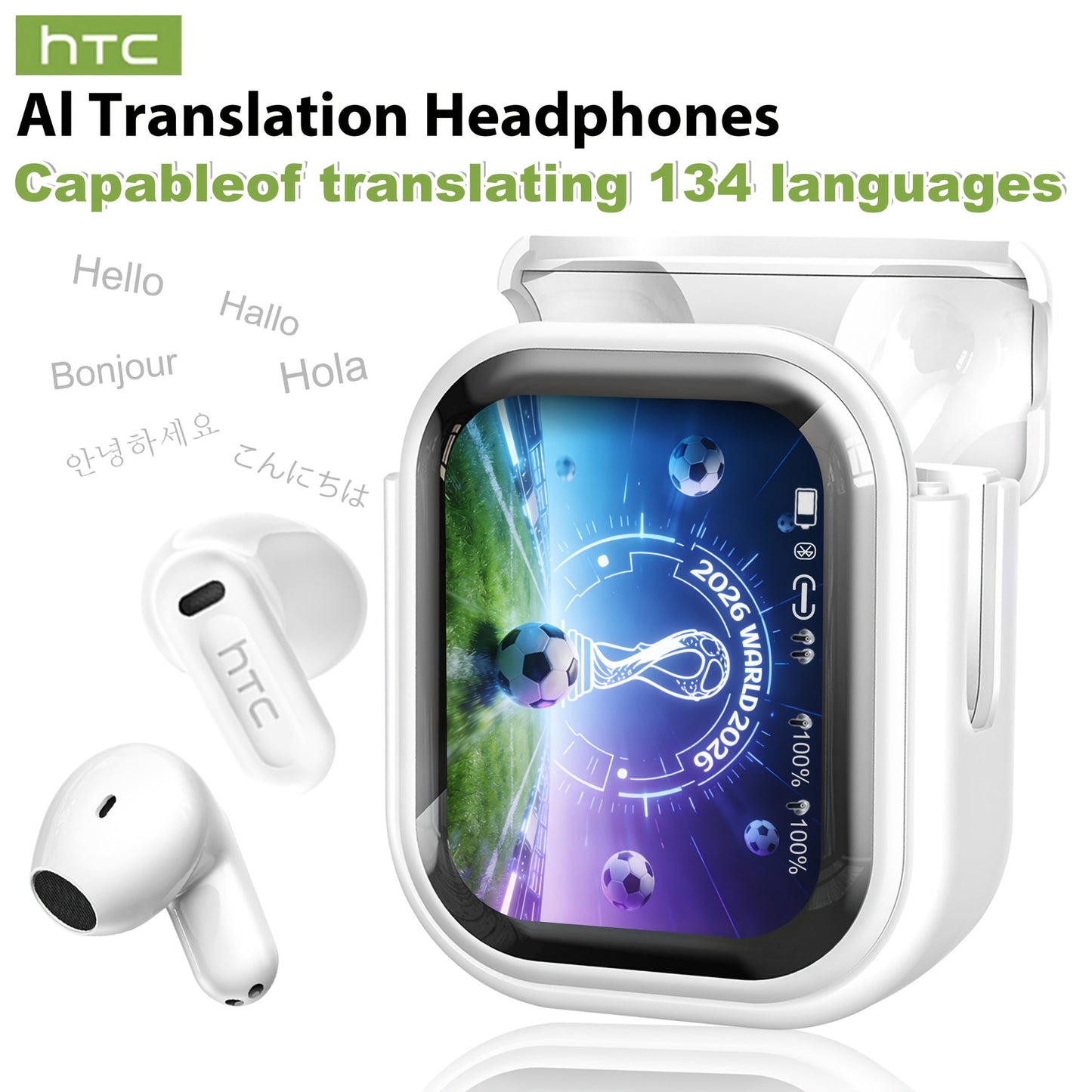 AI Translation Earbuds with Color Touchscreen Charging Case in Black or White and Five Bundle Options