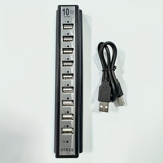 Black 10-Port USB 2.0 Hub with USB-A Host Cable, Numbered Ports and DC Power Input for Desktop Expansion