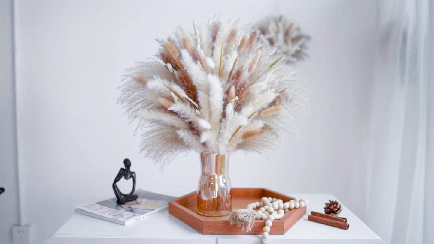 Natural Pampas Grass Decor Bouquet 105/120pcs Boho Dried Floral Arrangement - Centerpiece for Entryways, Bedrooms and Living Spaces