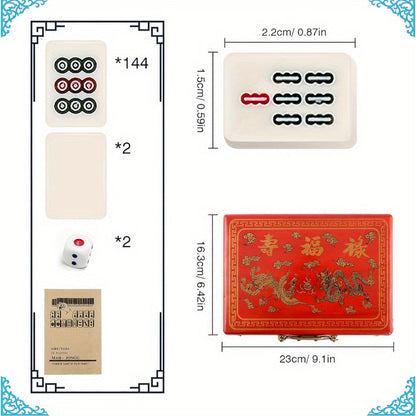 146-Tile Mahjong Set with Chinese Dragon Design – Classic Ivory Style, Durable Vinyl Case, Wind Indicator & Dice | Traditional Chinese