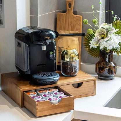 Coffee Machine Stand with K-Cup Storage Rack – Wooden Countertop Coffee & Tea Organizer with Drawer, Holds 30 Boxes of K-Cups or Tea Bags