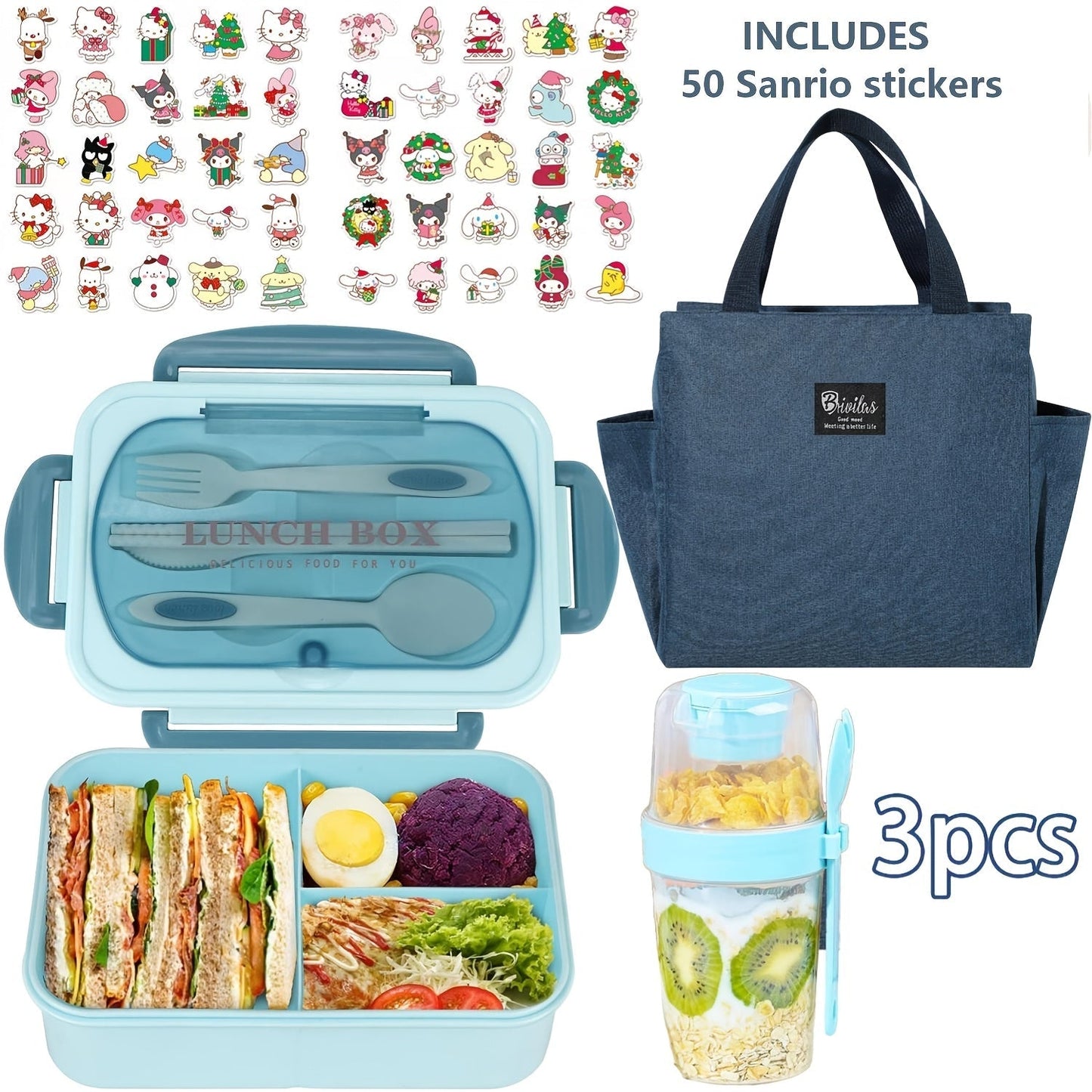 Sanrio Lunch Box Set 53pcs Bento Box with Thermal Bag Breakfast Cup Portable Sealed Compartment Microwave for Work Picnic School