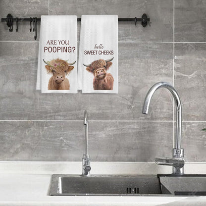 Highland Cow Hand Towels Set of 2 Funny Farmhouse Bathroom Decor Hello Sweet Cheeks Kitchen Towel 16x24 Inch Washroom Gift