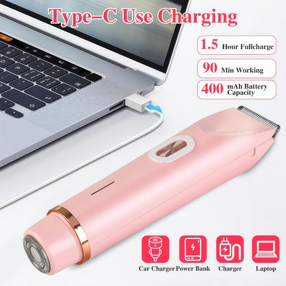 Bikini Trimmer for Women 2-in-1 Dual Head IPX7 Waterproof Electric Shaver Body Hair Trimmer Facial Hair Remover Bikini Underarm Leg Arm Face