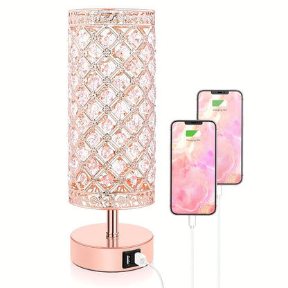 Crystal Cylinder Bedside Table Lamp with Dual USB Ports in Three Finishes and One- or Two-Pack Options