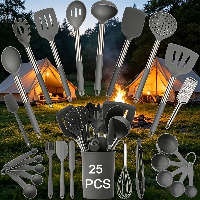 Silicone Kitchen Utensil Set with 25 Tools and Accessories, Holder and Grey, Black or Coffee Colors