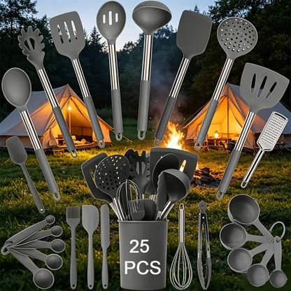 Silicone Kitchen Utensil Set with 25 Tools and Accessories, Holder and Grey, Black or Coffee Colors
