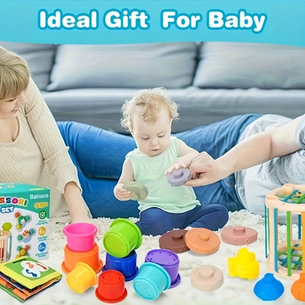 Sensory Stacking Toy Set 3-in-1 for Toddlers & Babies, Hand-Eye Coordination & Fine Motor Skills Activity Kit with Cloth Book