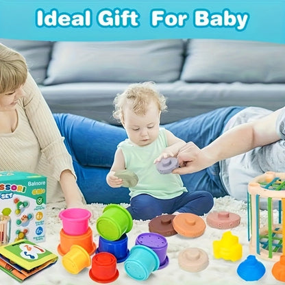 Sensory Stacking Toy Set 3-in-1 for Toddlers & Babies, Hand-Eye Coordination & Fine Motor Skills Activity Kit with Cloth Book