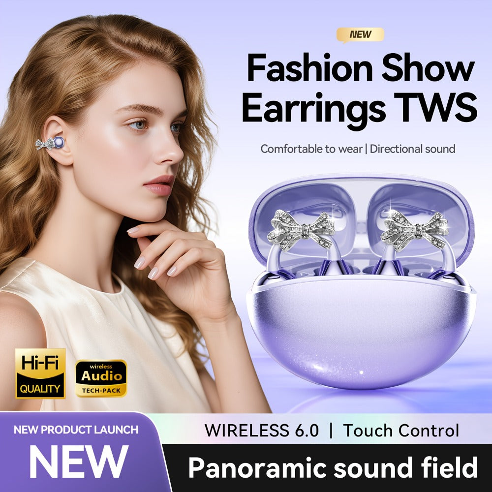 Butterfly Earring Wireless Earphones Open-Ear AI Translation HD Calls Touch Control for Bedside Audio, Alarms and Room Entertainment