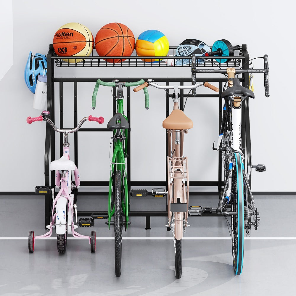 Freestanding Bike Storage Stand with Basket & Hooks, Adjustable Floor Rack for 3-4 Bikes, Indoor Outdoor Garage Organizer