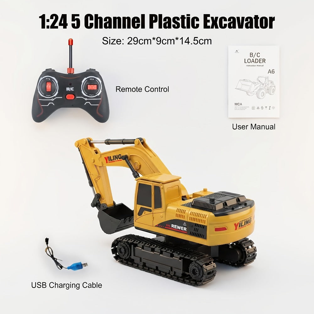 RC Excavator Toy for Kids Track Type 2.4GHz, 1200mAh Rechargeable Remote Control Construction Truck with Metal Shovel & LED Light