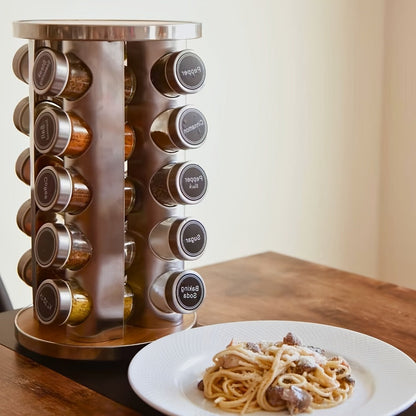 Rotating Spice Rack with 20 Glass Jars 360-Degree Revolving Stainless Steel Spice Tower for Home Cooking, Dining and Outdoor Meals