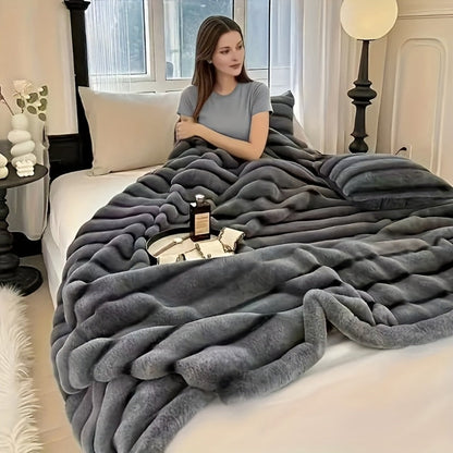Double-Layer Faux Rabbit Fleece Blanket in Grey, Khaki or Beige with Five Sizes from Small Throw to King