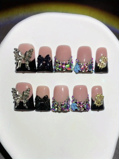 Press On Nails 10-Piece Medium Duckbill Set with Black Nude Color Block, Butterfly, Glitter and AB Rhinestones