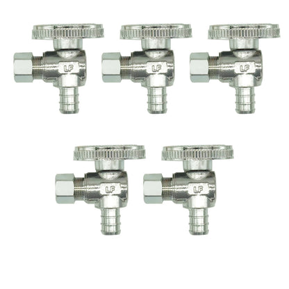 PEX Angle Stop Valve 5pcs – 1/2" PEX x 3/8" OD Compression, 1/4 Turn Shut-Off Valve, Chrome Brass
