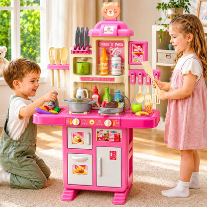 Pretend Play Kitchen Playset with Lights & Sounds, Interactive Toy Kitchen Accessories for Toddlers Ages 3+