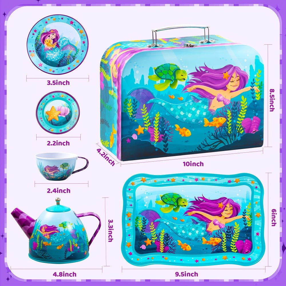Mermaid Tea Party Set for Girls 21pcs, Tin Teapot, 4 Cups, Saucers, Plates & Carrying Case, Pretend Play Kitchen Toy for Toddlers