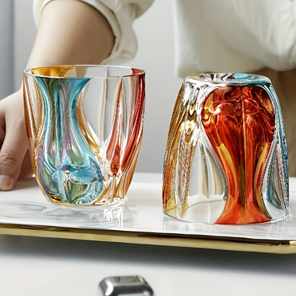 Hand-Painted Crystal Wine Glass 150ml – Czech Crystal Three-Color Luxury Short Cup for Red Wine & Whiskey – Artistic Decorative Glassware