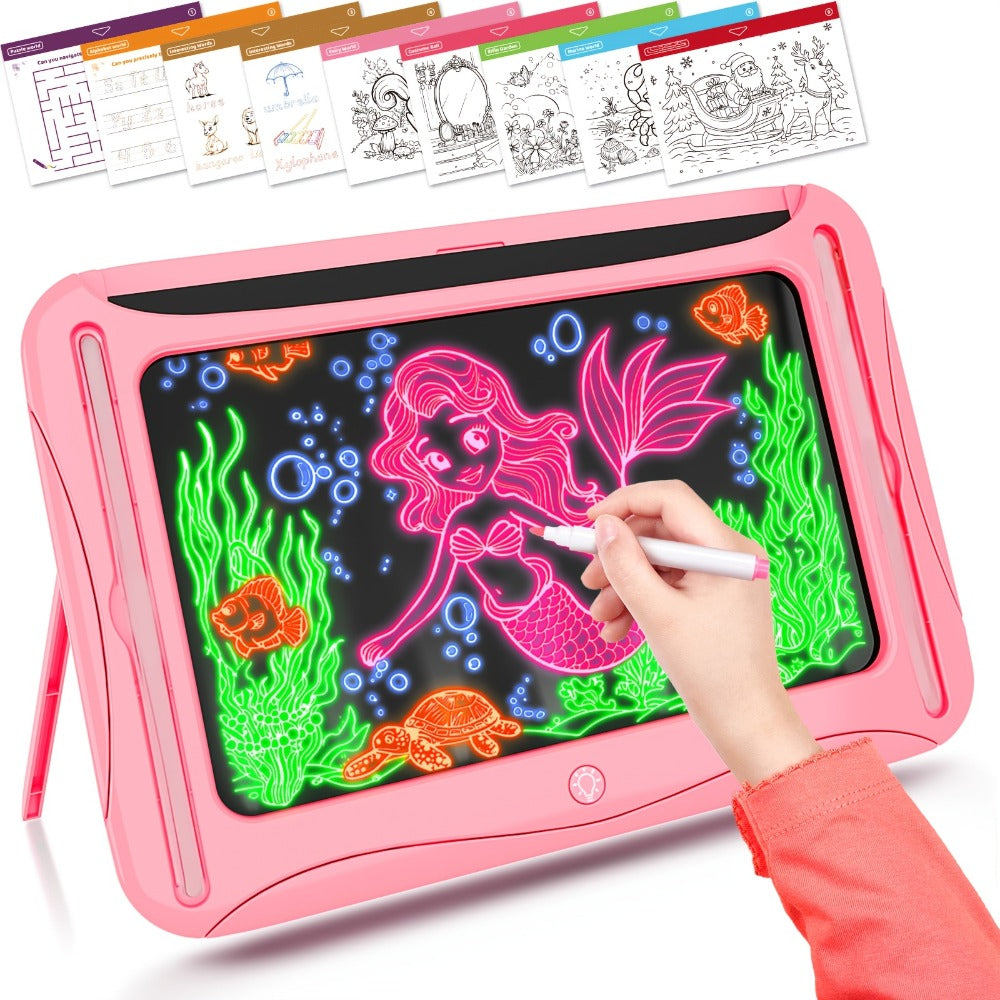 LED Light Up Drawing Board for Kids, 9 Double-Sided Tracing Cards 6 Markers Glow Doodle Travel Art Toy for Girls Boys Ages 3-8