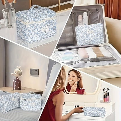 Quilted Makeup Bag Set 3 Pcs Floral Pattern Large Capacity Travel Cosmetic Organizer with Gold Zipper – Polyester Skincare Toiletry Pouch
