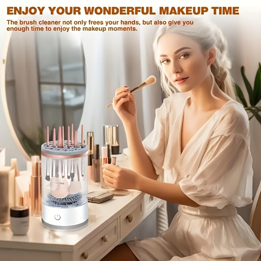 Electric Makeup Brush Cleaner & Dryer USB Powered Automatic Spinner Fast Drying Odorless Transparent Design Dual-Section Brush Holder Beauty