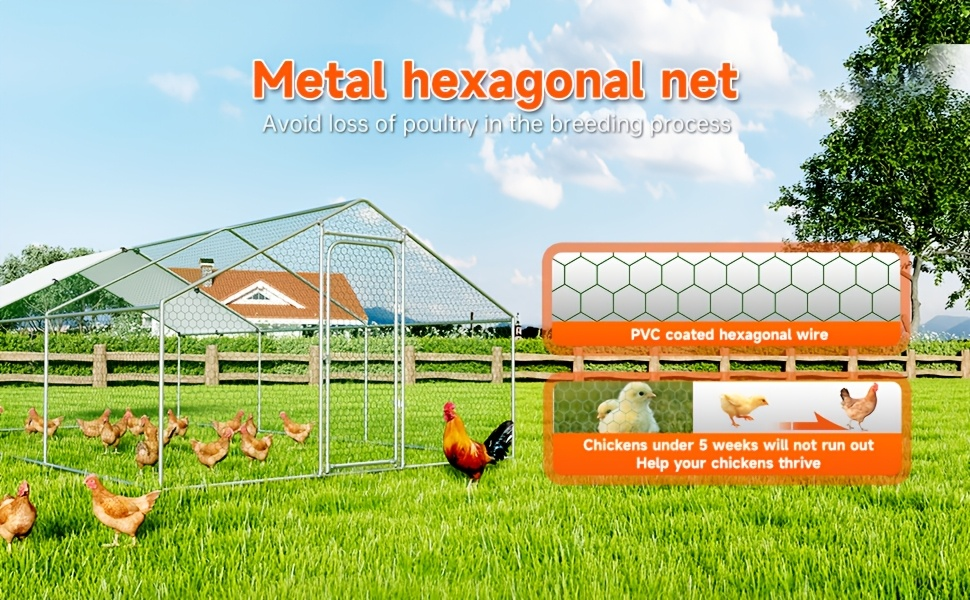 Dog Kennel Outdoor Large Metal Walk-in Chicken Run Pen Poultry Cage with Anti-UV Cover Movable Rack for Garden, Patio and Yard Use