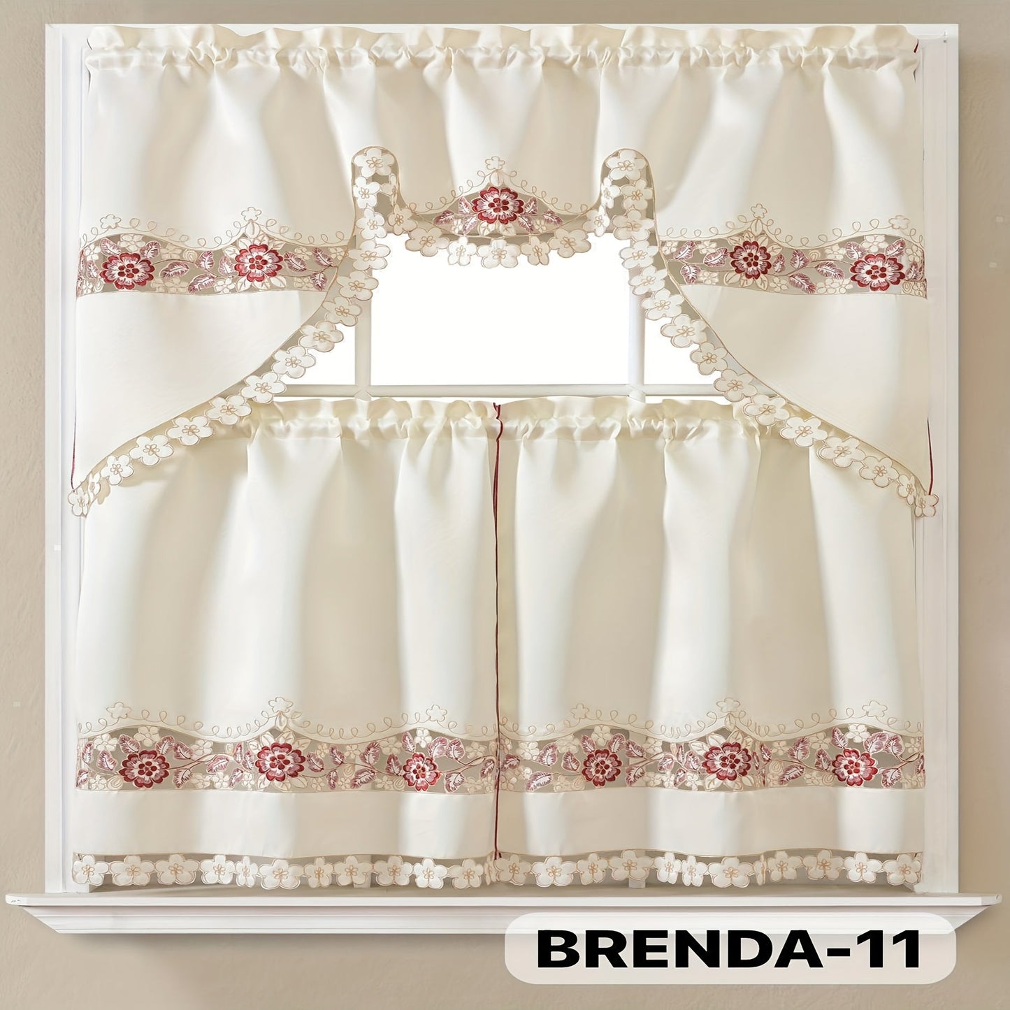 Kitchen Curtains 3 Piece Set Embroidered Satin Valance and Tiers – Rod Pocket Light Filtering Machine Washable 46 Colors
