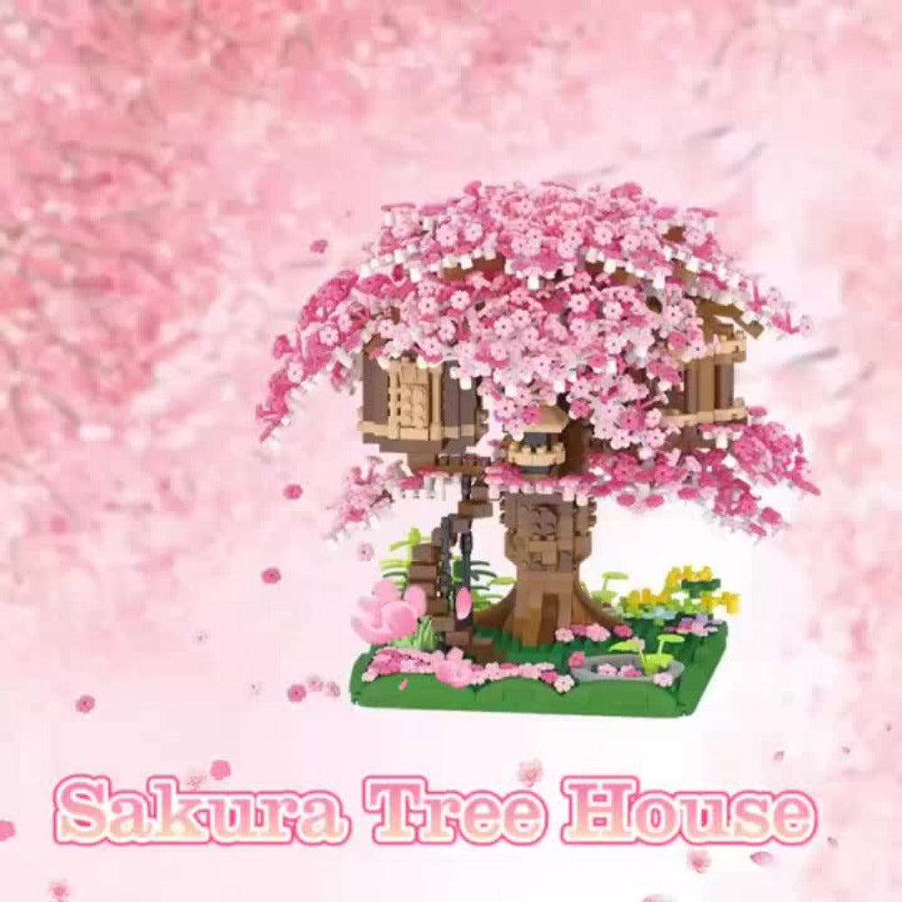 Building Block Set Cherry Blossom Tree House, 1020 or 2028 Micro Pieces with Pink Canopy and Base Display