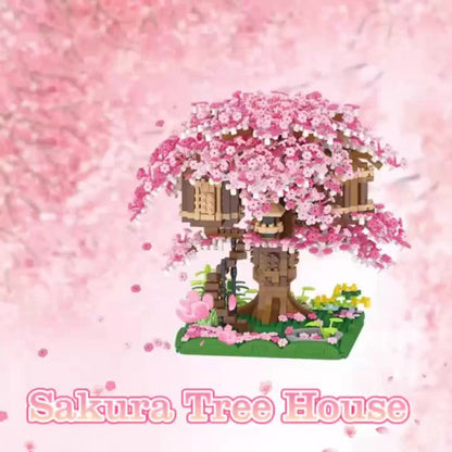 Building Block Set Cherry Blossom Tree House, 1020 or 2028 Micro Pieces with Pink Canopy and Base Display